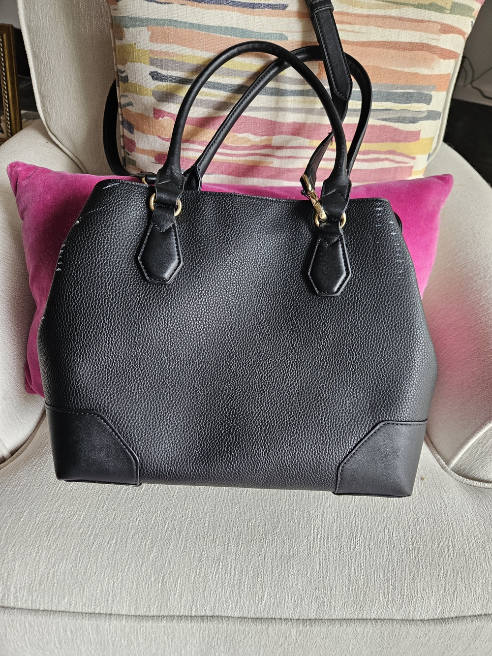 Nine West Black Pebbled Leather Satchel with Gold Accents - Picture 3 of 7